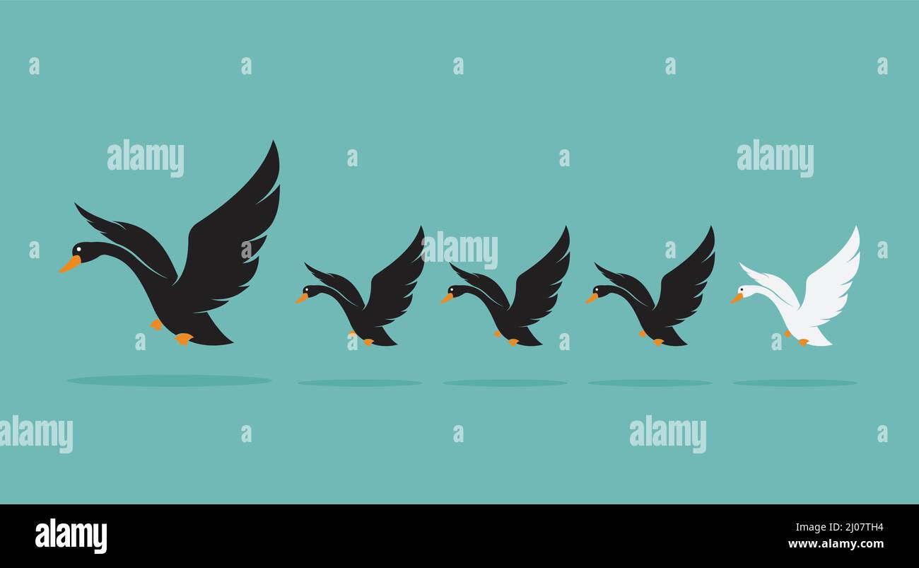 Vector of a herd of swan on blue background, Difference concept.  Easy editable layered vector illustration. Stock Vector