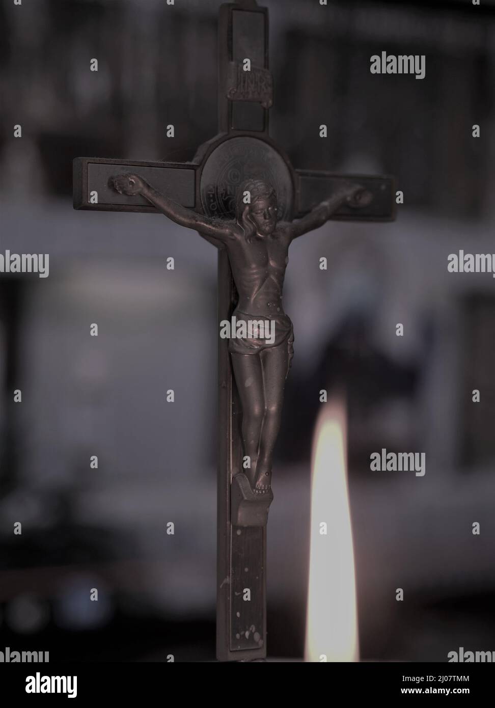 Crucifix Cross In Black and White during Online mass Salib Kristus ketika Misa Online Stock Photo