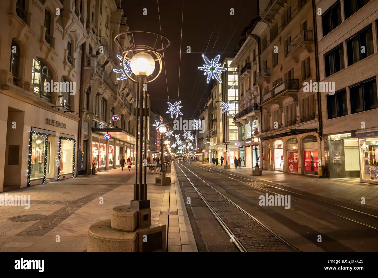 Main Shopping Street at Night in Geneva, Switzerland. *** Local Caption