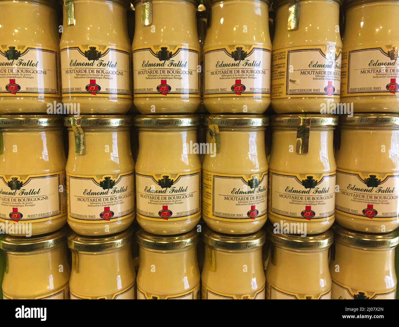 French Mustard from Dijon, France. *** Local Caption ***  mustard,can,glass jar,many,ambundace,side by side,in a row,beauty,food,fod and drink,savory, Stock Photo