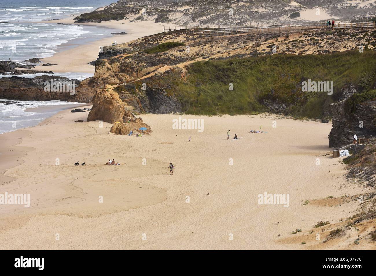 Grassy sand dunes, Praia do Malhao beach, Southwest Alentejo and Vicentine Coast Natural Park in the southwest of Portugal. Stock Photo