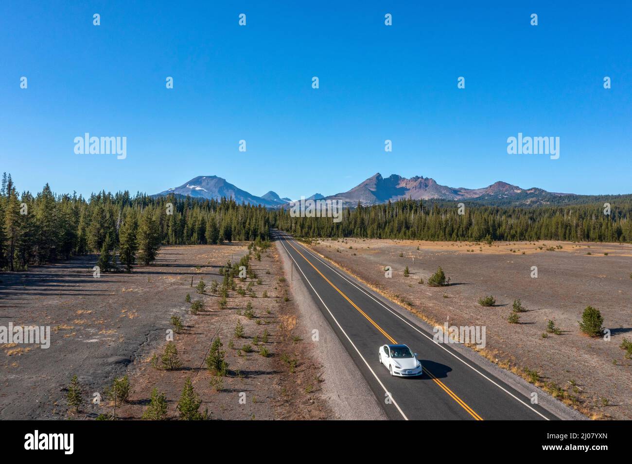 Oregon, Bend, Cascade Lakes Highway, Tesla Stock Photo