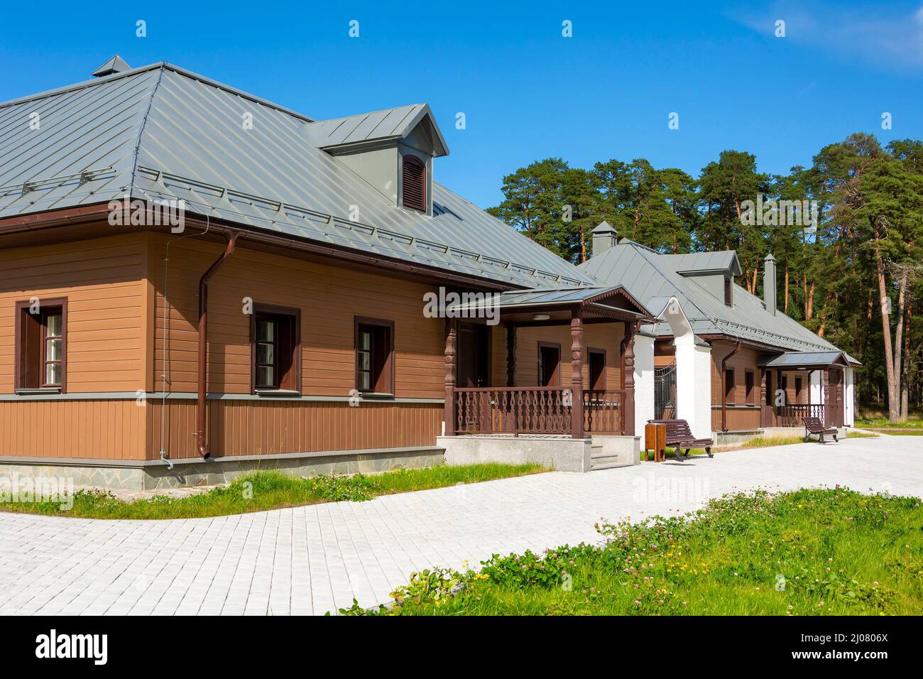 Konevets Island, the historical building of the former monastery stables, recently restored Stock Photo