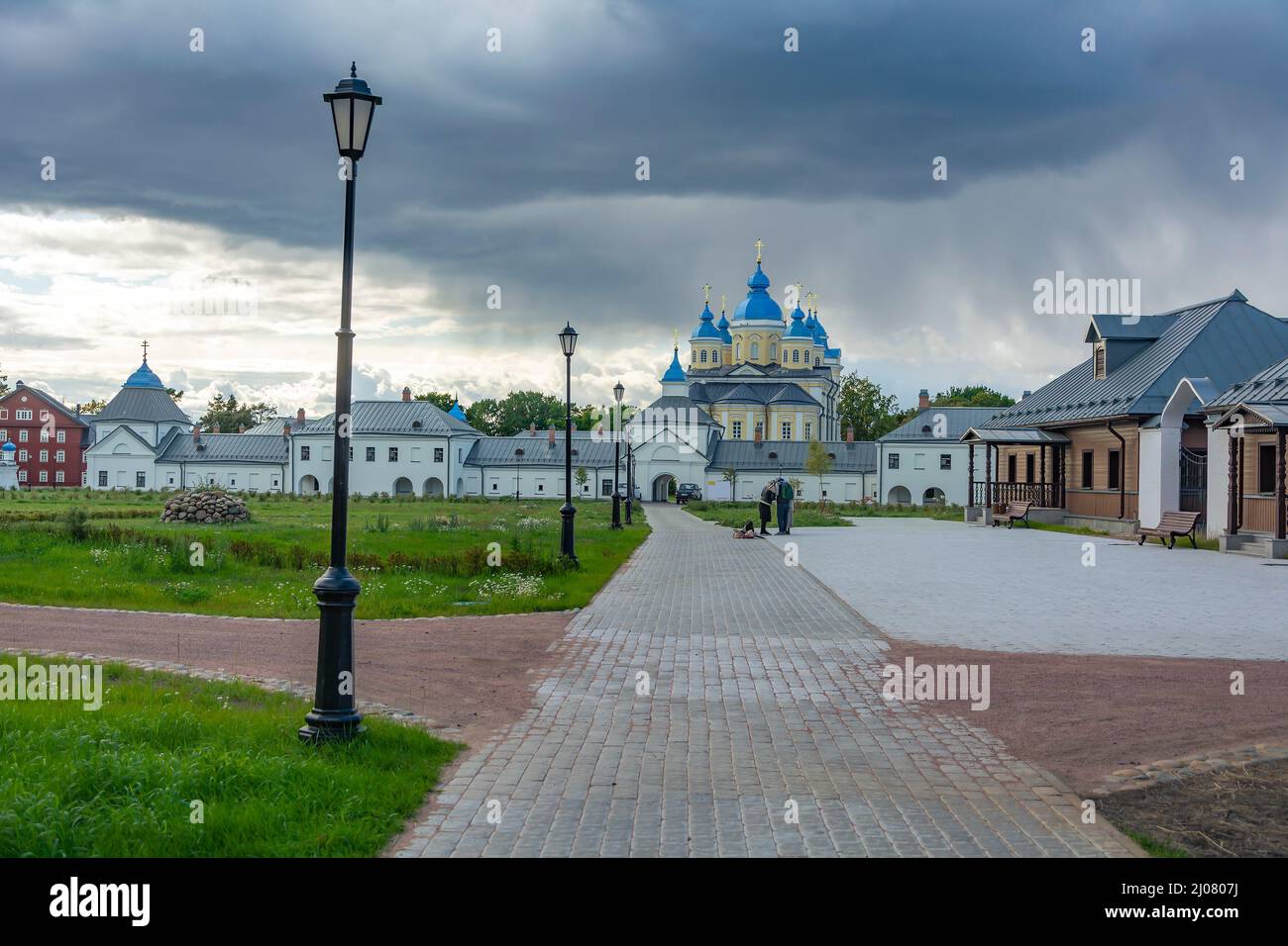 Konevets Island, view of the Orthodox Nativity-Bogoroditsky Monastery, recently restored Stock Photo