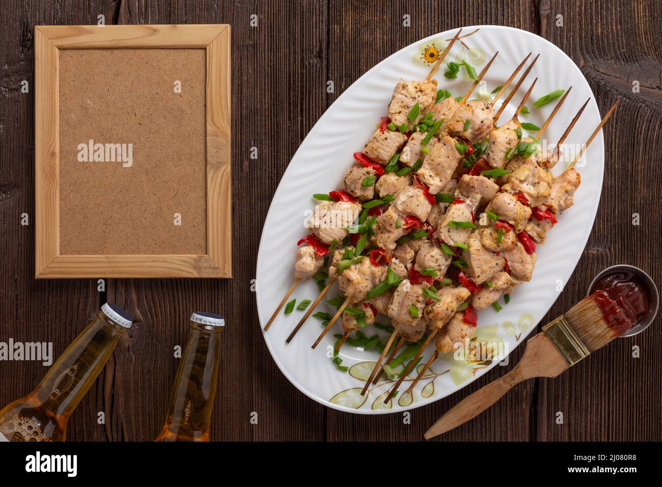 Barbecue with barbecue and beer outdoors. menu of the summer terrace of a cafe or restaurant