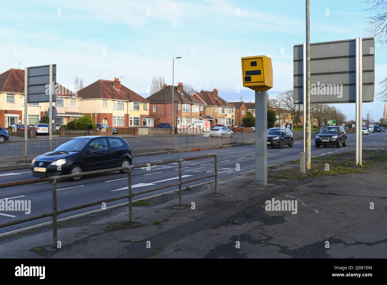 Image set,  Speed camera on A35 Millbrook Southampton different views showing layout and covering by large road sign. Stock Photo