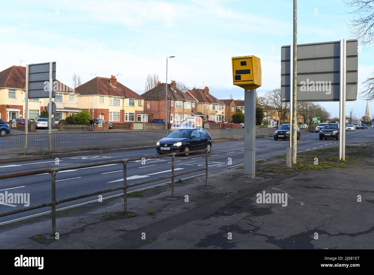 Image set,  Speed camera on A35 Millbrook Southampton different views showing layout and covering by large road sign. Stock Photo