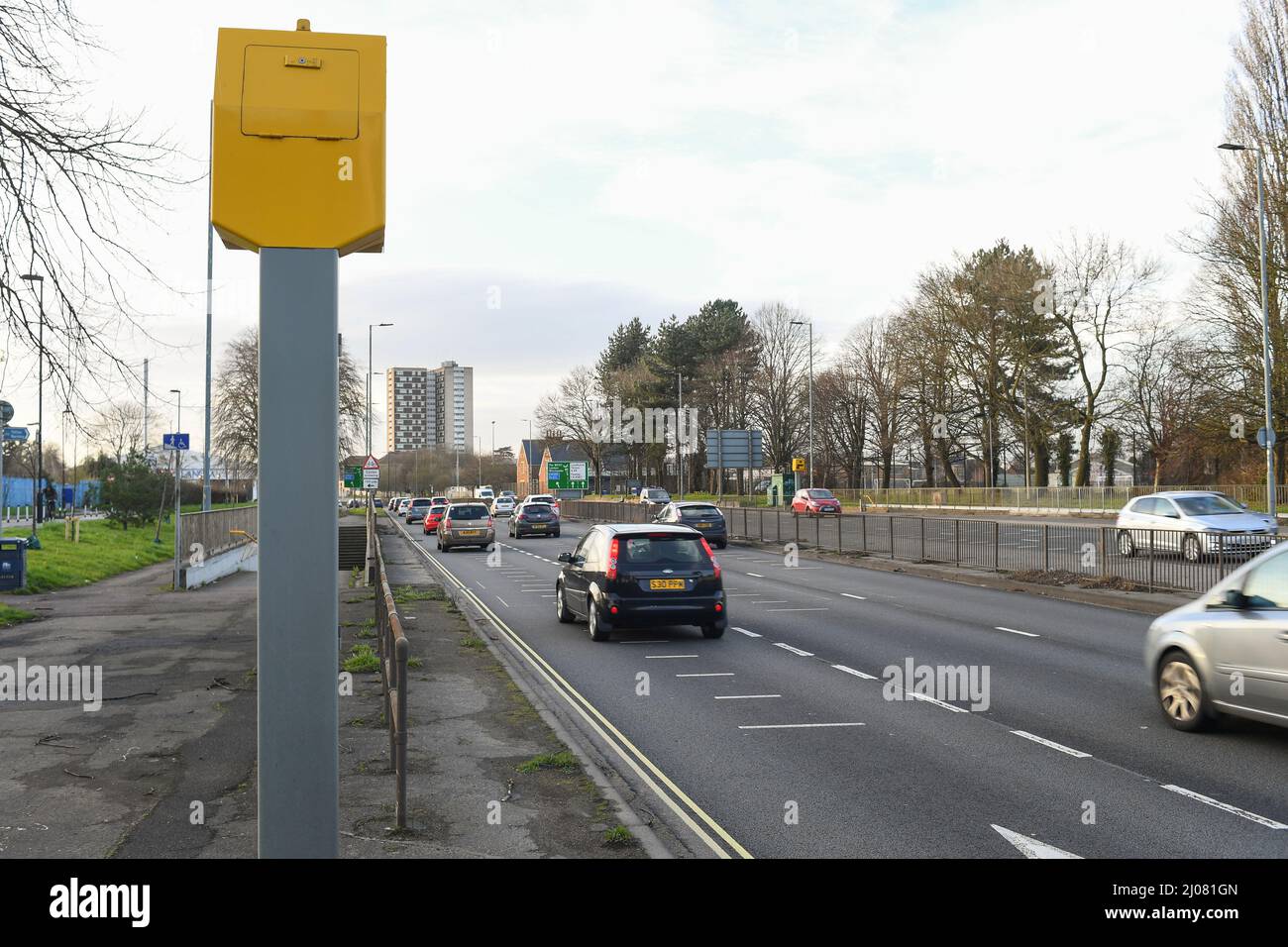 Image set,  Speed camera on A35 Millbrook Southampton different views showing layout and covering by large road sign. Stock Photo