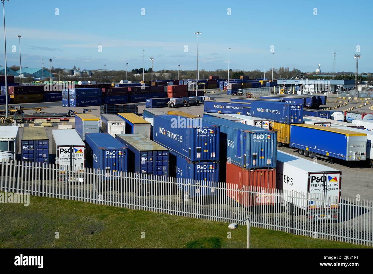 P&O Ferrymasters shipping containers stacked up in the Port of Hull