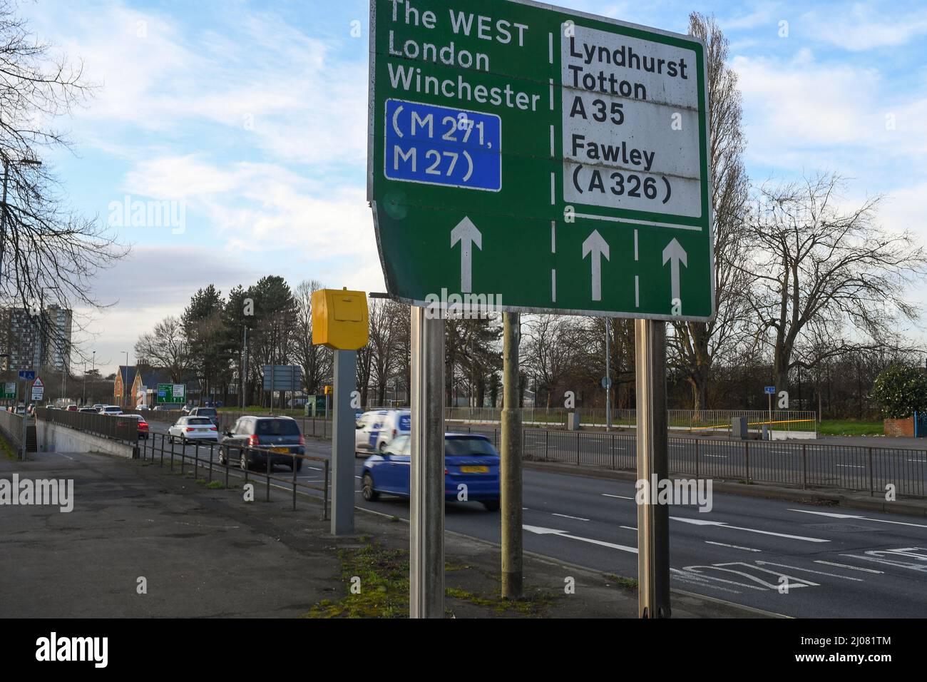 Image set,  Speed camera on A35 Millbrook Southampton different views showing layout and covering by large road sign. Stock Photo