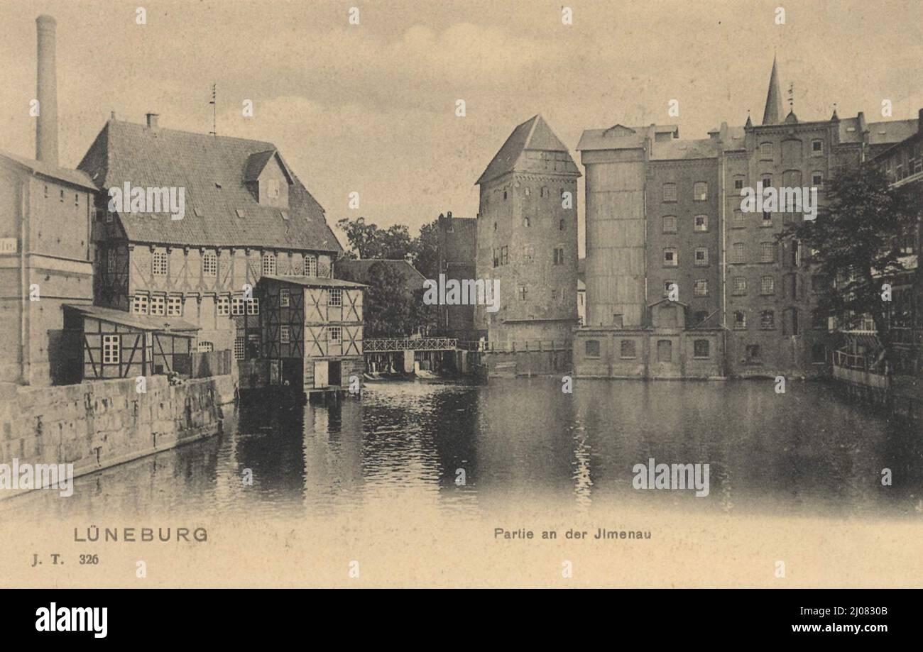 Am Fluß Jimenau in Lüneburg, Niedersachsen, Deutschland, Ansicht um ca 1910, digitale Reproduktion einer historischen Postkarte, public domain, aus der damaligen Zeit, genaues Datum unbekannt Stock Photo