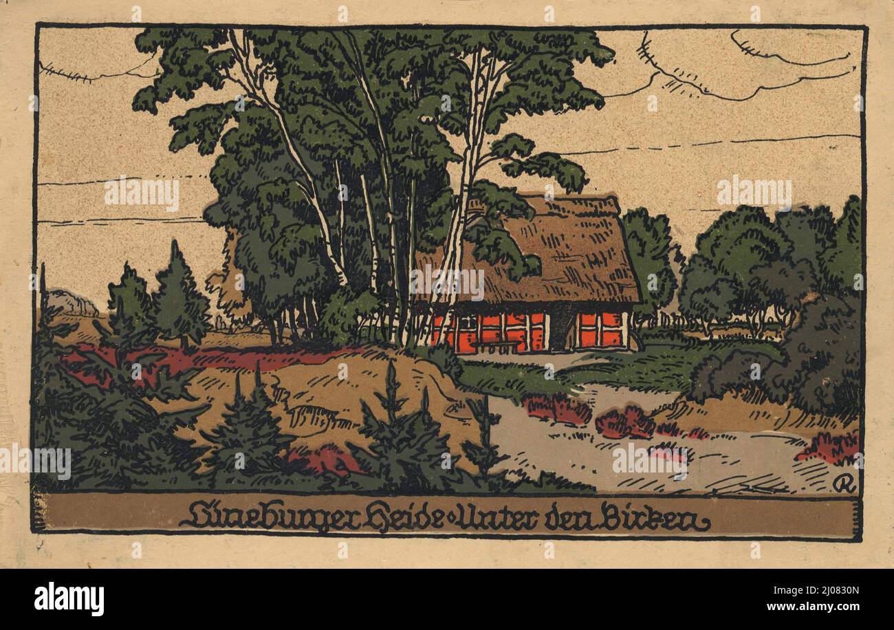 Unter den Birken in der Lüneburger Heide, Niedersachsen, Deutschland, Ansicht um ca 1910, digitale Reproduktion einer historischen Postkarte, public domain, aus der damaligen Zeit, genaues Datum unbekannt Stock Photo