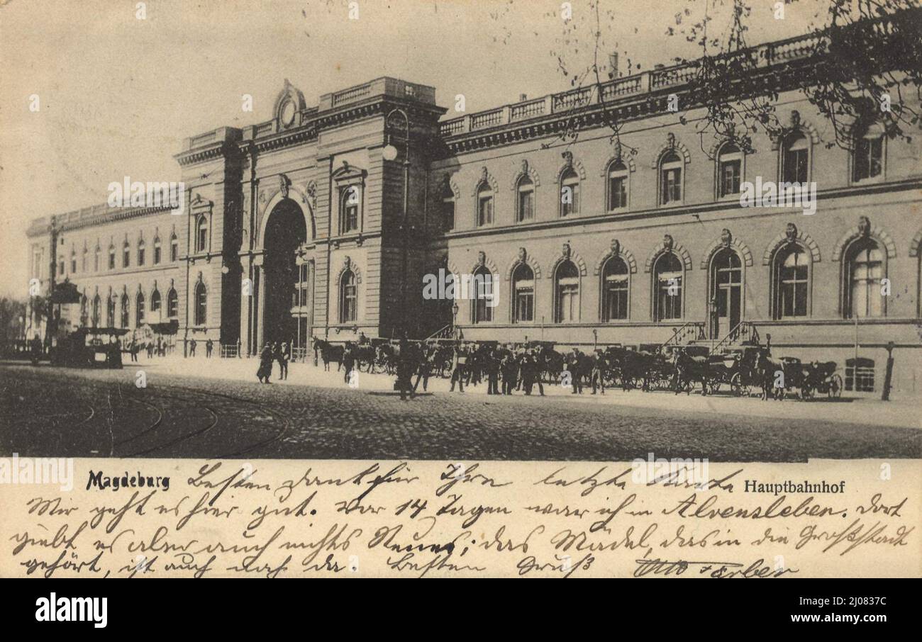 Hauptbahnhof in Magdeburg, Sachsen-Anhalt, Deutschland, Ansicht um ca 1910, digitale Reproduktion einer historischen Postkarte, public domain, aus der damaligen Zeit, genaues Datum unbekannt Stock Photo