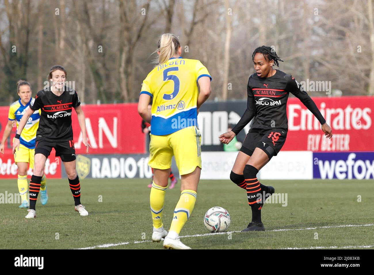 Milan, Italy. 12th Mar, 2022. Italy, Milan, march 13 2022: Lindsey Thomas (Milan striker) dribbles in front court in the second half during football game AC MILAN vs JUVENTUS, SF 1st leg Coppa Italia Women at Vismara Center (Credit Image: © Fabrizio Andrea Bertani/Pacific Press via ZUMA Press Wire) Stock Photo