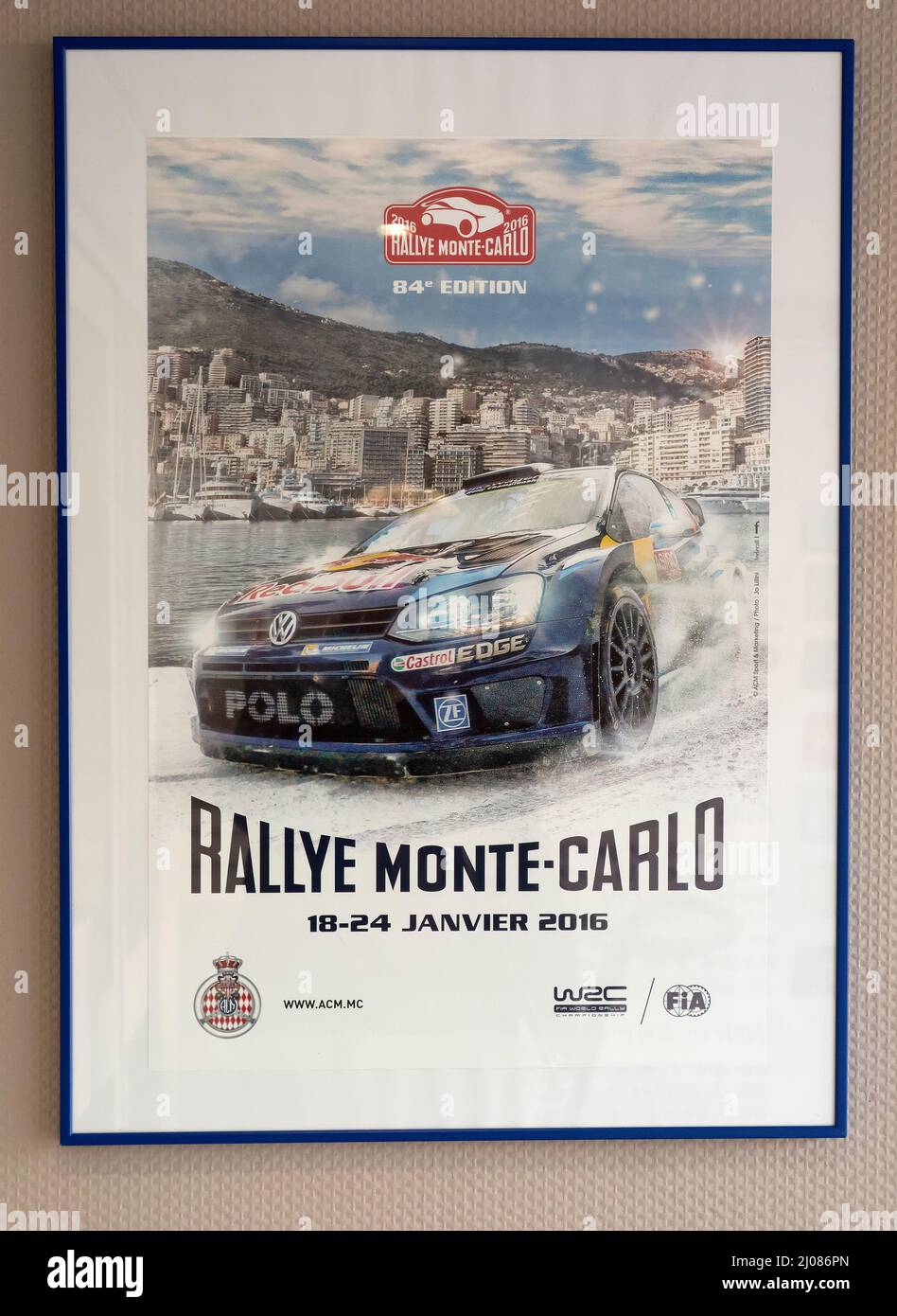 Monte Carlo Rally poster in a cafe on route of driving historic Monte Carlo Rally stages in the French Alps. Stock Photo