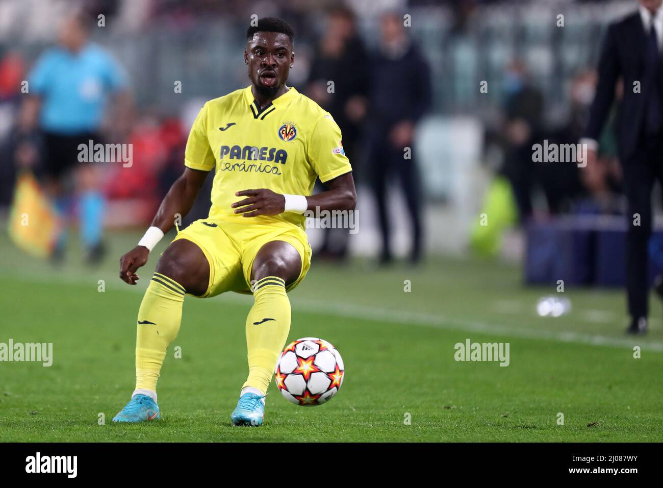 Turin, Italy. 16th Mar, 2022. Serge Aurier of Villarreal CF  controls the ball during the UEFA Champions League Round Of Sixteen Leg Two match between Juventus Fc and Villareal CF at Allianz Stadium on March 16, 2022. Credit: Marco Canoniero/Alamy Live News Stock Photo