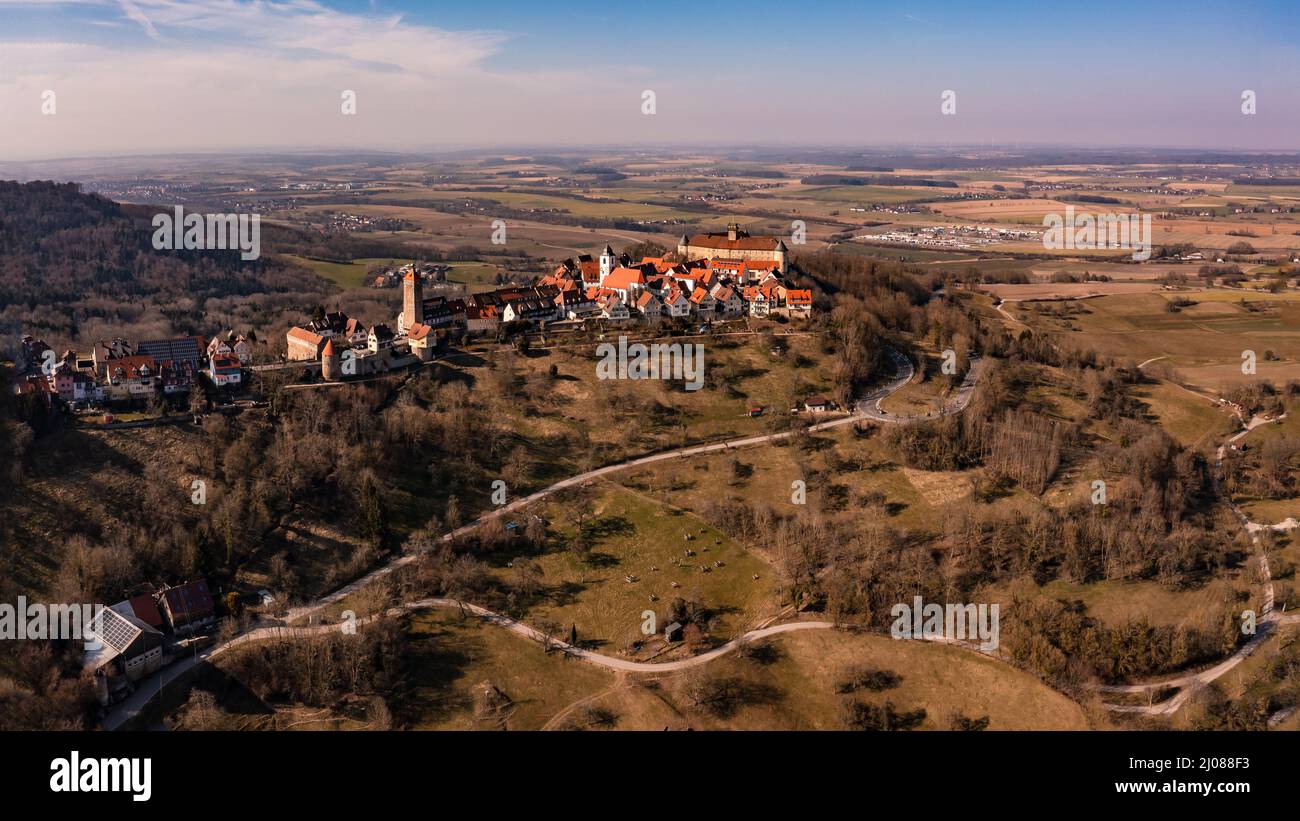 Scenic aerial shot of the old town of historic Waldenburg in Baden-Wuerttemberg in winter Stock Photo