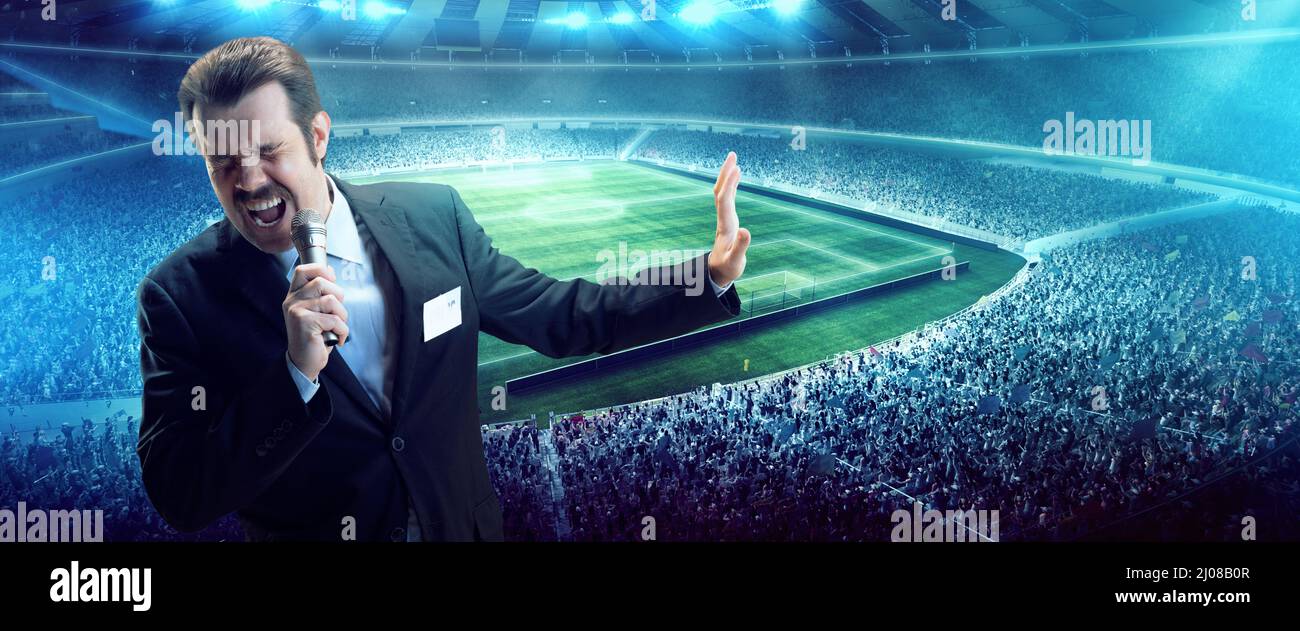 Expressive man, professional sport commentator having online TV stream