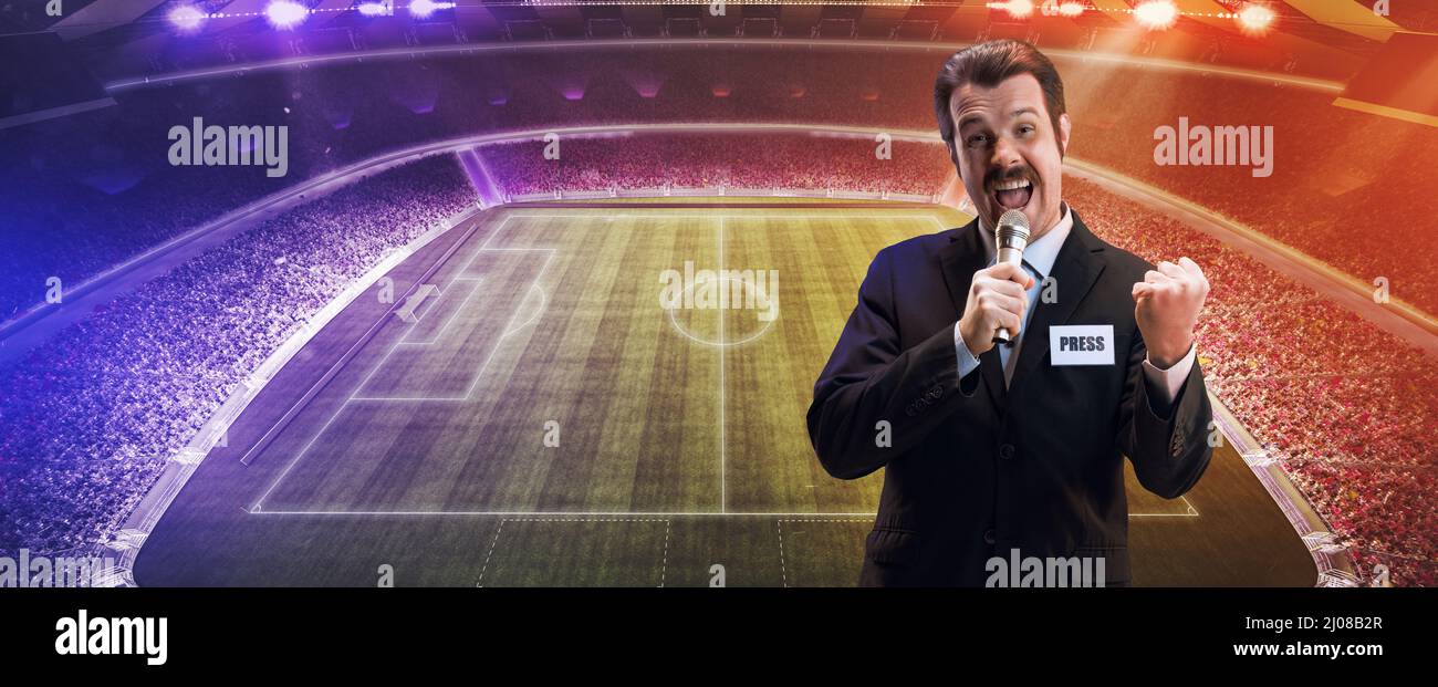 Proud man, professional sport commentator having online TV stream,  broadcasting football match isolated over stadium background Stock Photo -  Alamy