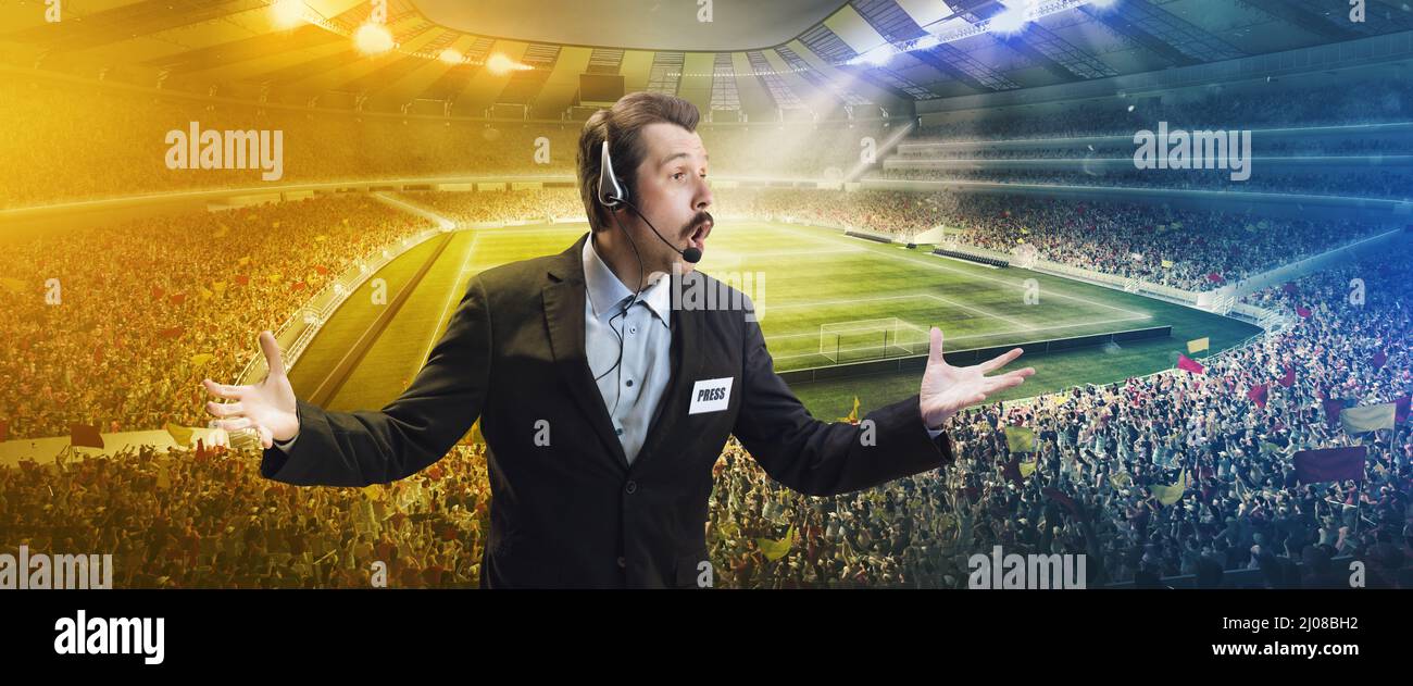 Man, professional sport commentator having online TV stream, broadcasting football match isolated over stadium background Stock Photo