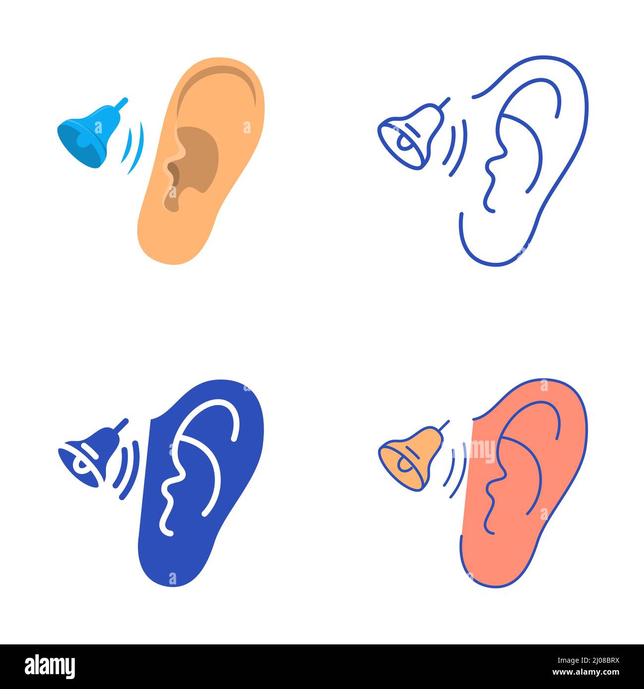 Ringing in ears icon set in flat and line style. Tinnitus disease