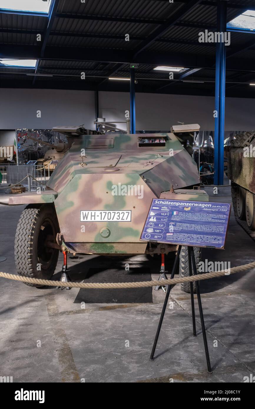 Saumur, France - February 26, 2022:  German Hanomag Schutzenpanzerwagen (Sd. Kfz. 251). Tank museum in Saumur (Musee des Blindes). Second world war ex Stock Photo