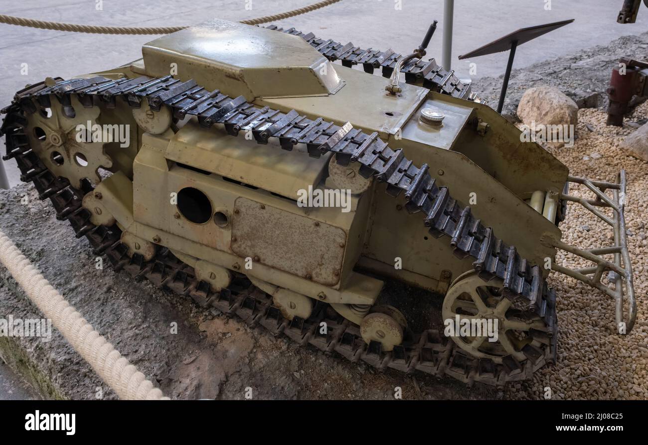 Saumur, France - February 26, 2022:  German Goliath (Sd. Kfz. 302), remotely controlled tracked vehicle. Tank museum in Saumur (Musee des Blindes). Se Stock Photo