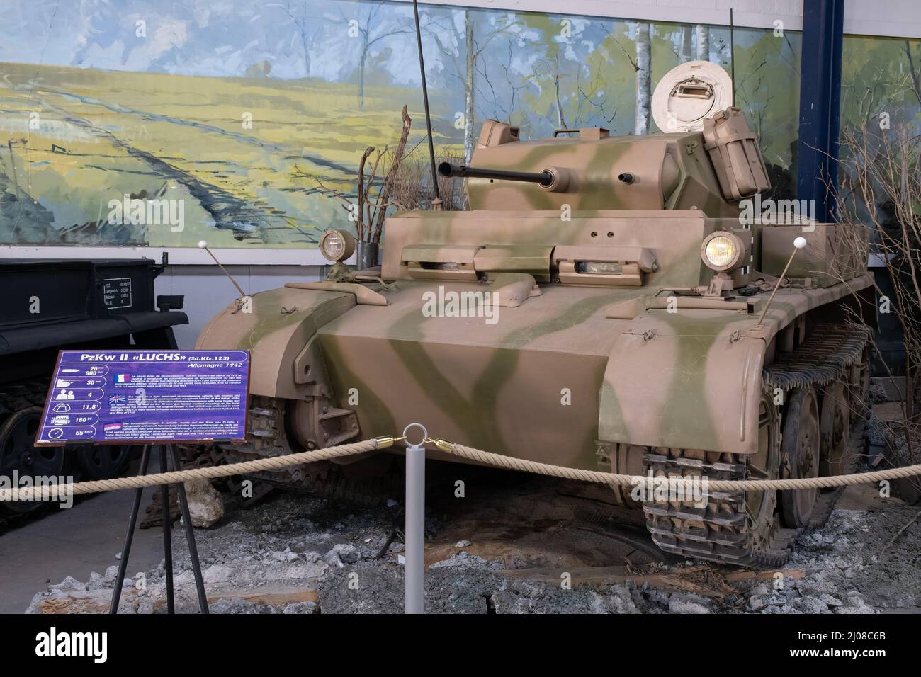 Saumur, France - February 26, 2022:  German Lynx or Luchs (Panzer II Sd. Kfz. 123). Tank museum in Saumur (Musee des Blindes). Second world war exhibi Stock Photo
