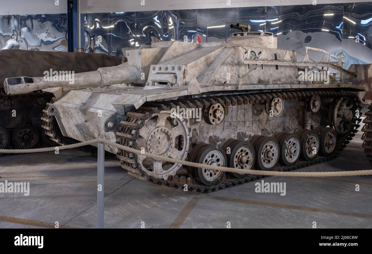 Saumur, France - February 26, 2022:  German Sturmhaubitze (Sd. Kfz. 142-2). Tank museum in Saumur (Musee des Blindes). Second world war exhibition. Se Stock Photo