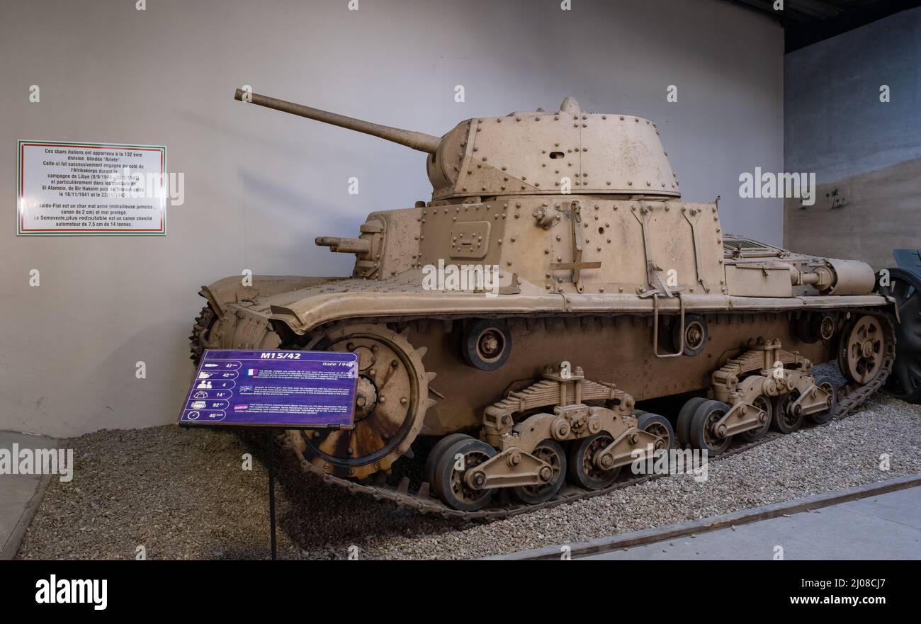 Saumur, France - February 26, 2022:  Italian M15 42 tank. Tank museum in Saumur (Musee des Blindes). Second world war exhibition. Selective focus Stock Photo