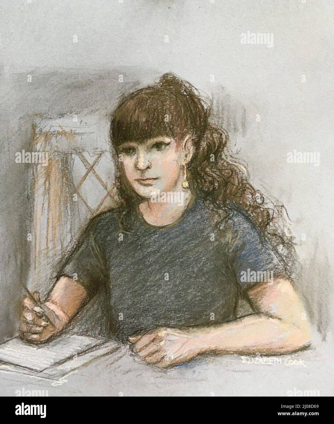 Court artist sketch by Elizabeth Cook of Tatia Starkey appearing via videolink at Westminster Magistrates' Court, where Ringo Starr's granddaughter is accused of a Covid breach. Picture date: Thursday March 17, 2022. Stock Photo