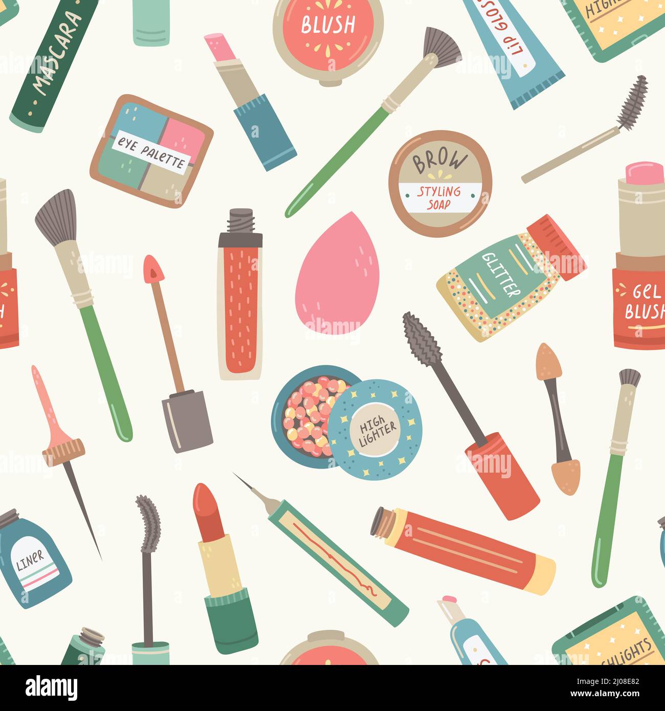 Vector seamless pattern with care and makeup products. Stock Vector