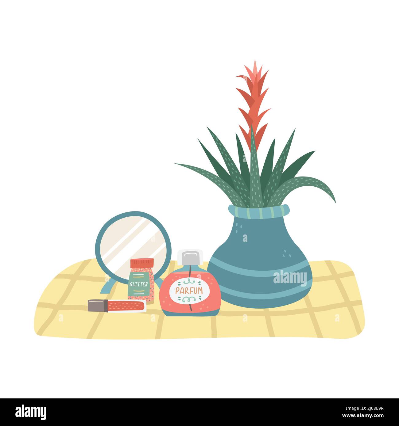 Vector illustration of care and makeup products on a tablecloth. Stock Vector