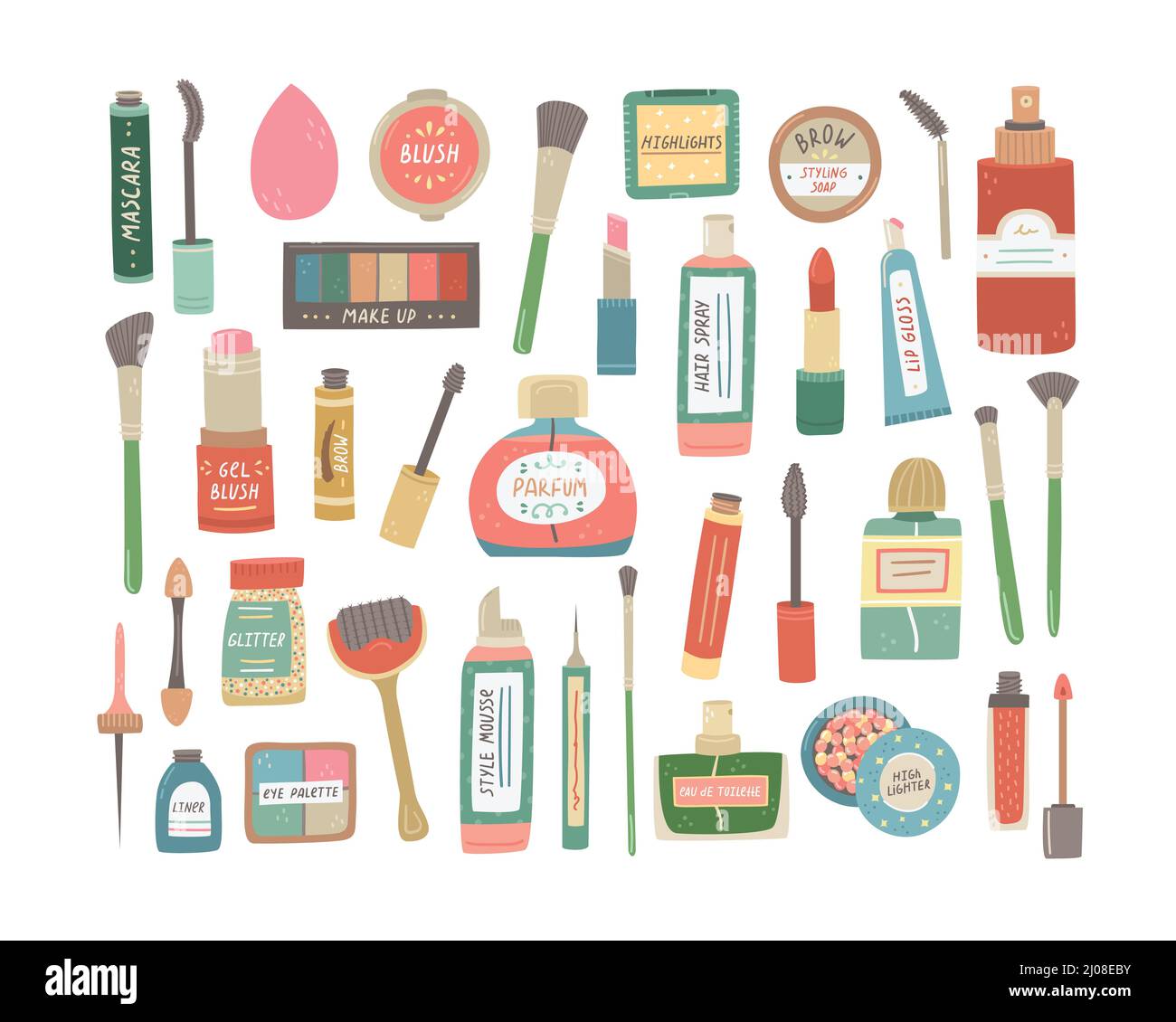 Vector set illustration of decorative cosmetics. Care and makeup products. Stock Vector