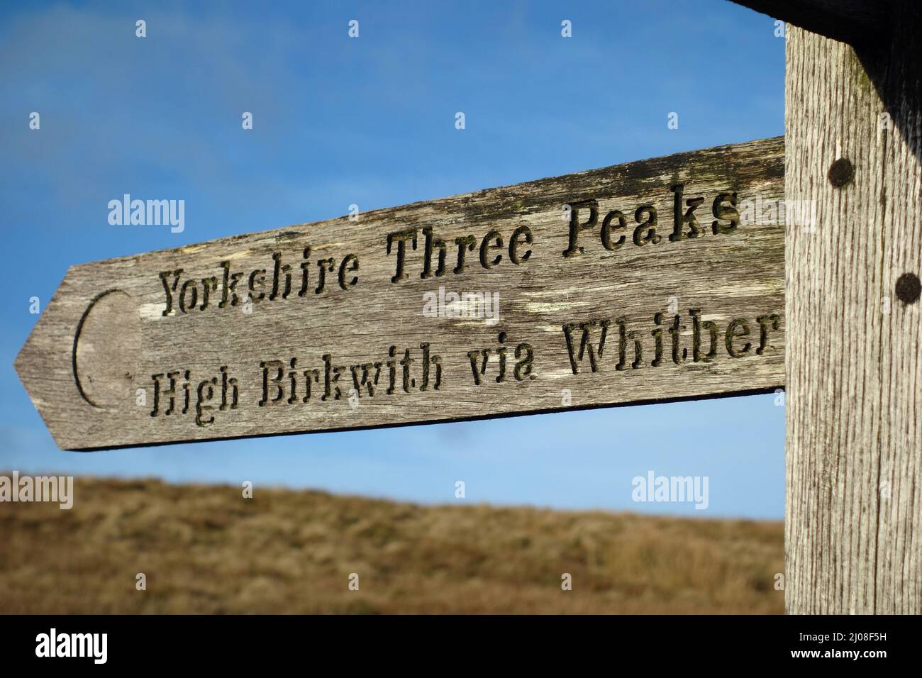 Wooden Signpost to Pen-y-ghent (One of the Yorkshire 3 Peaks) from the Pennine Way near Horton in the Yorkshire Dales National Park, England, UK. Stock Photo