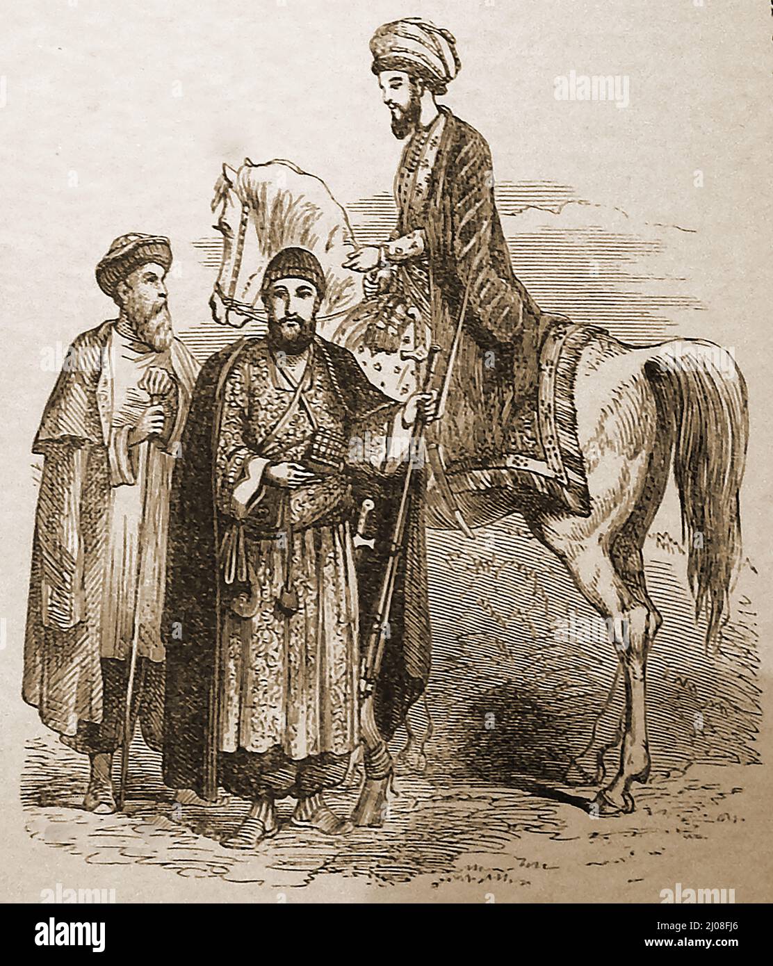 A 19th century illustration of Durani / Duranni ( formerly Abdālī )tribesmen from Afghanistan. Though widespread elsewhere, including in parts of Pakistan, their main home is in the Kandahar region. They are one of the largest Pashtun tribes, Stock Photo