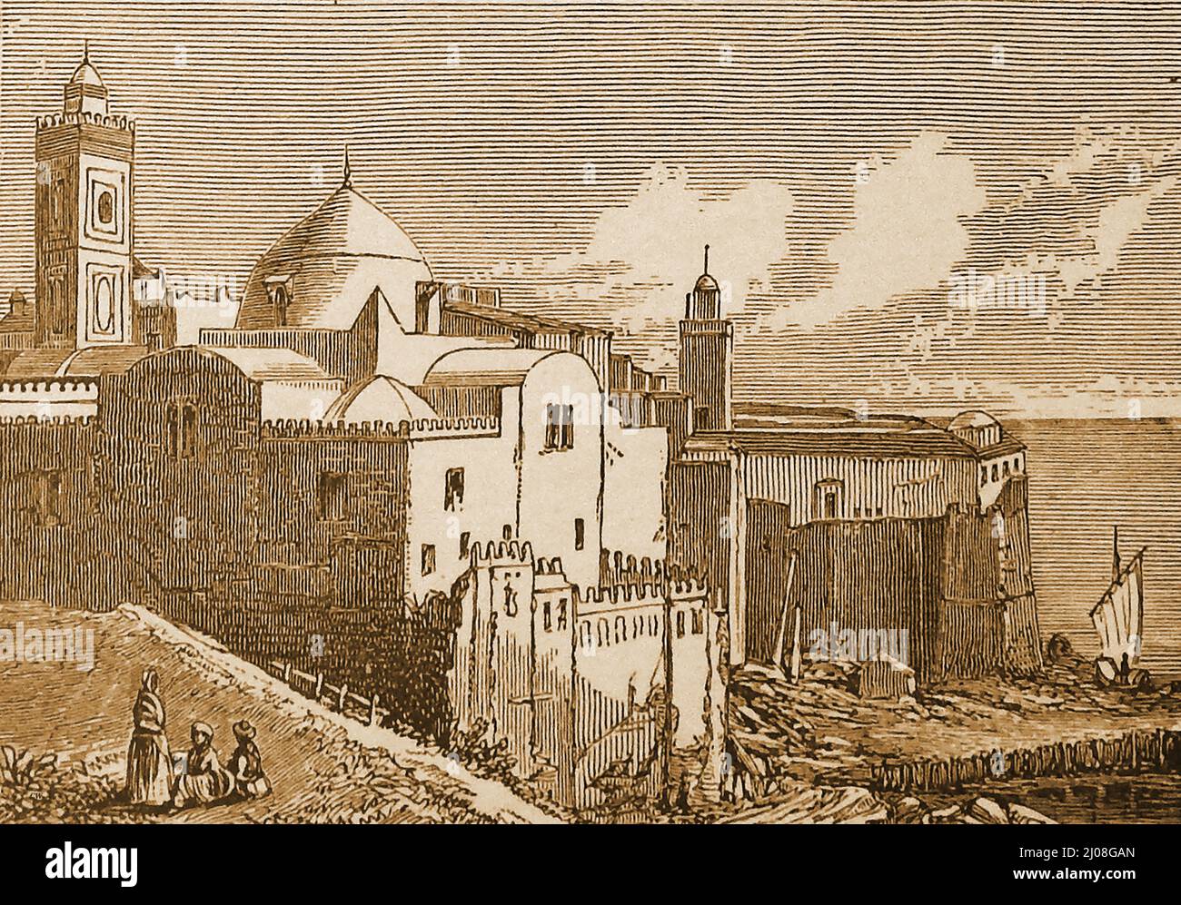 An 1893 engraving simply labelled  'The main mosque in Algiers', Algeria. It is probably the original  Ketchaoua Mosque aka  جامع كتشاوة or  Djamaa Ketchaoua originally built in 1612 ,   Converted to the Cathedral of St Philippe   by the French and later demolished at some time before 1860.   --- Alternatively, the image may represent the Djamaa el Kebir or الجامع الكبير,  also known as the Great Mosque of Algiers ( Grande mosquée d'Alger in French). Stock Photo