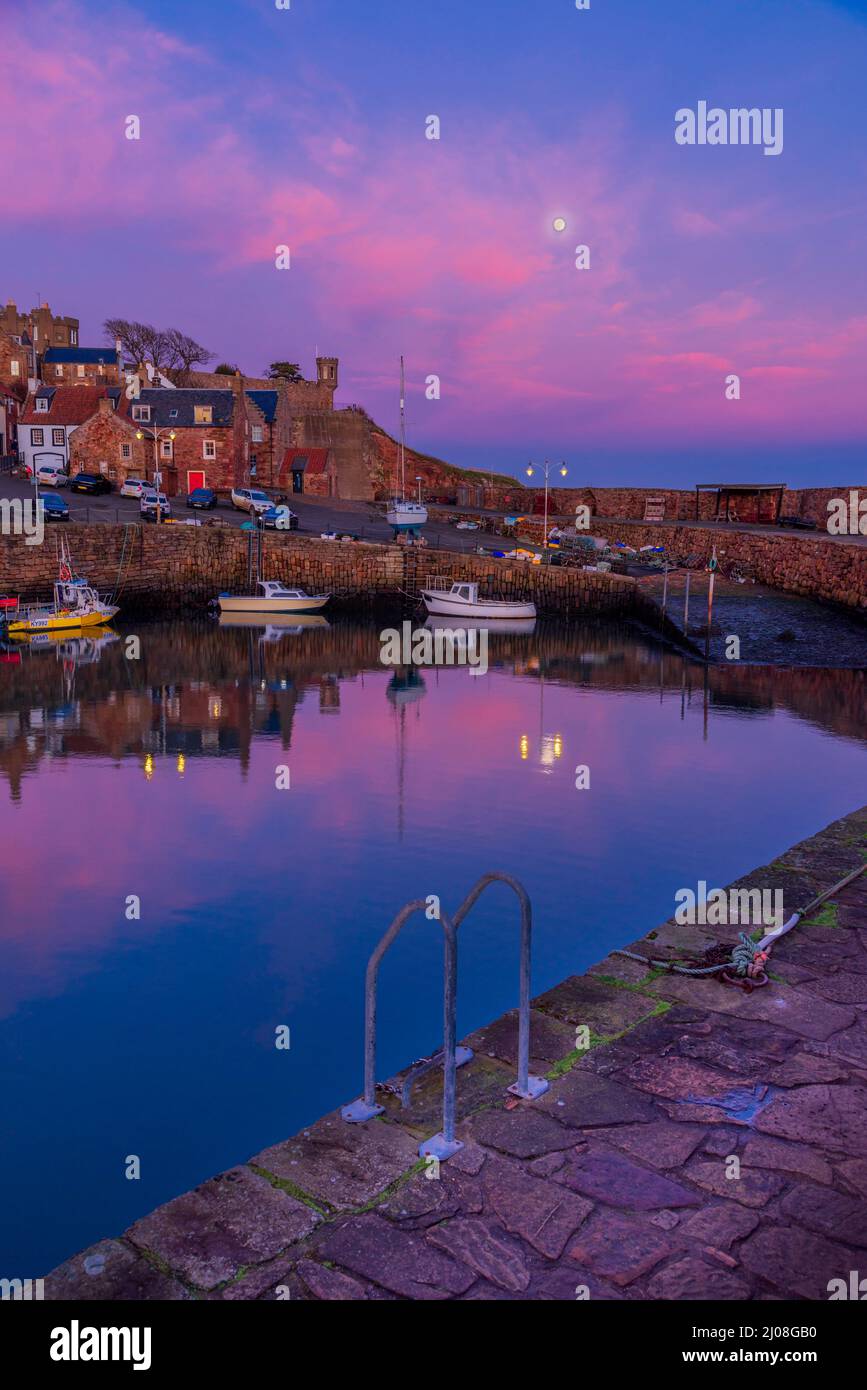 Crail harbour at blue hour in the county of Fife, Scotland, UK Stock Photo