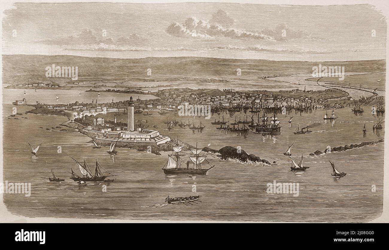 An 1893 engraving showing a birds-eye view of the lighthouse and harbour of Alexandria. It was Alexandria was founded  c. 331 BC by Alexander the Great  near to the  Egyptian settlement of Rhacotis. It  is now known locally as  'The Bride of the Mediterranean' Stock Photo