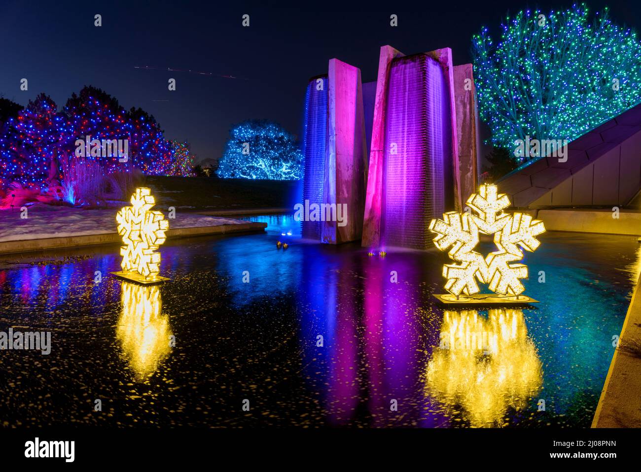 Holiday Light Show - Wide-angle night view of colorful light show at frozen pond in Denver Botanic Gardens during its holiday Blossoms of Light event. Stock Photo