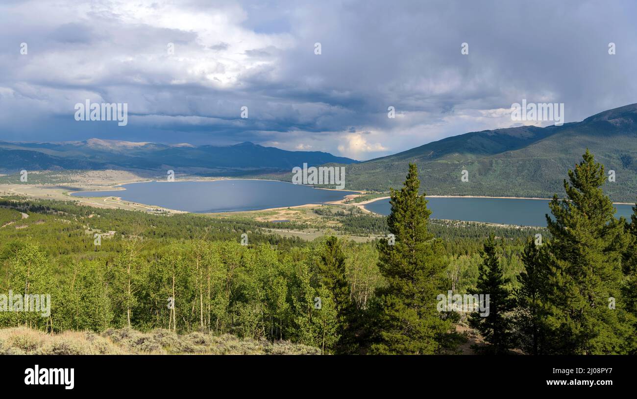 Summer at Twin Lakes - A panoramic overview of Twin Lakes on a stormy Summer evening. Twin Lakes, Leadville, Colorado, USA. Stock Photo
