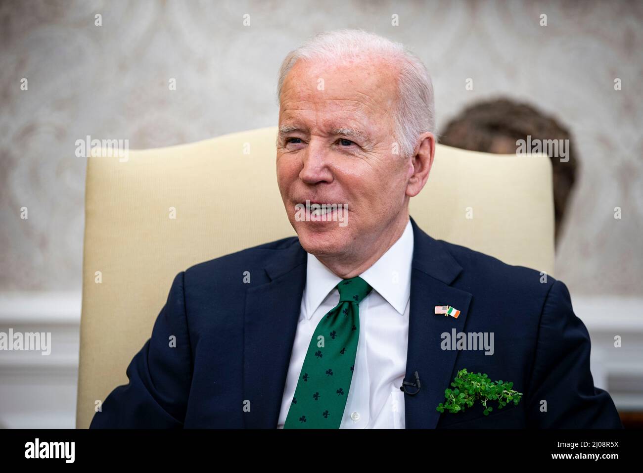 Washington, USA. 17th Mar, 2022. U.S. President Joe Biden speaks while meeting virtually with Micheal Martin, Ireland's prime minister, not pictured, in the Oval Office of the White House in Washington, DC, U.S., on Thursday, March 17, 2022. Martin tested positive for Covid-19 while in Washington for St. Patrick's Day celebrations. (Photographer: Al Drago/Pool/Sipa USA) Credit: Sipa USA/Alamy Live News Stock Photo