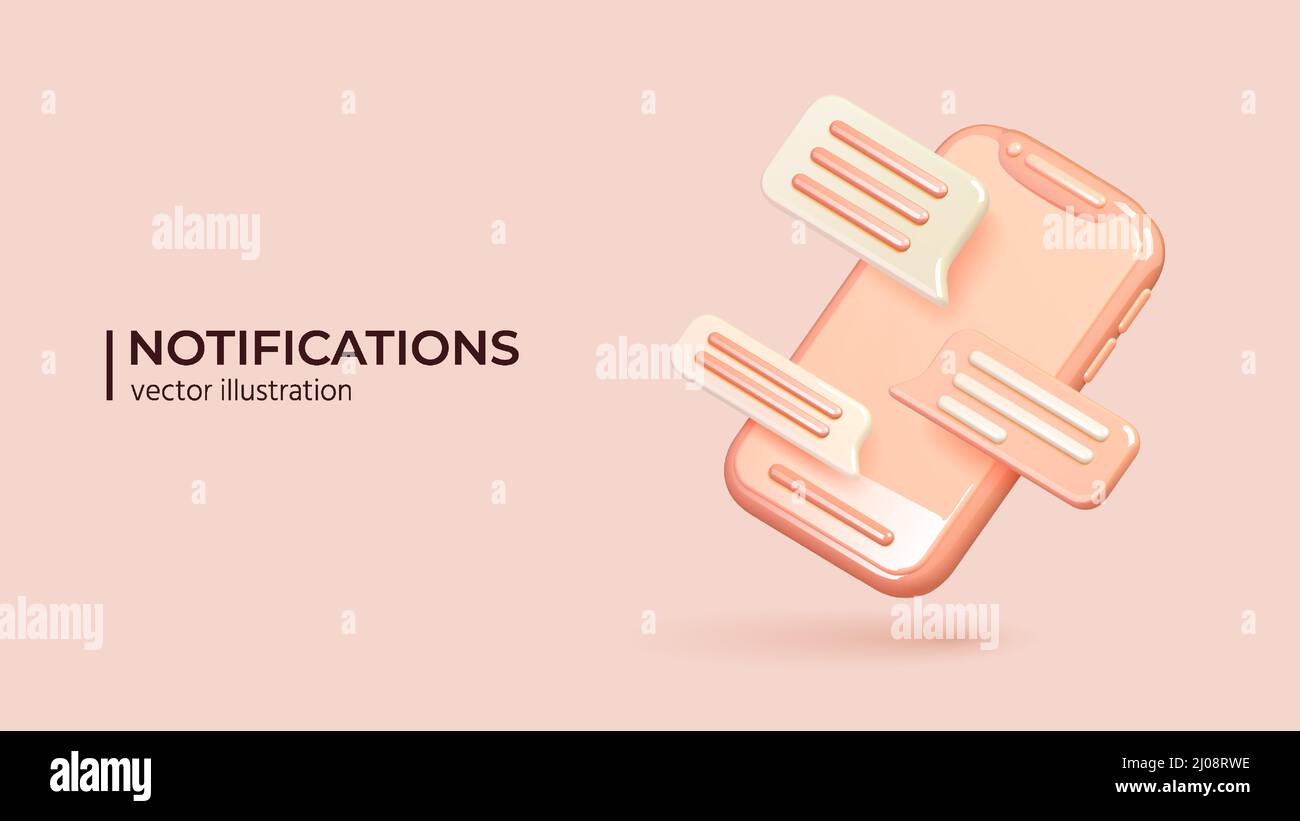 Notifications icon Pink Smartphone with speech bubbles Icons. Pink Icon in trendy color. Realistic 3d object. Realistic creative conceptual symbol of notifications. Vector illustration Stock Vector