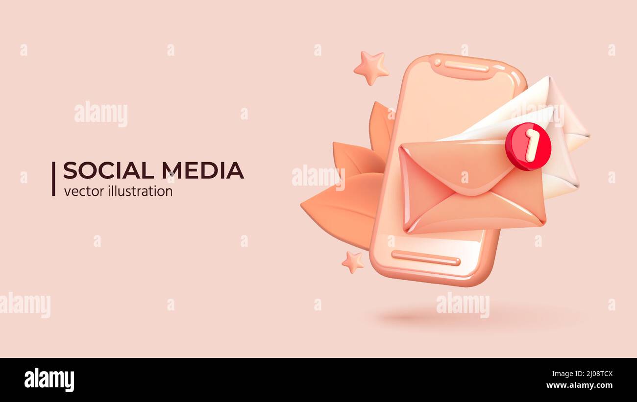 Cute Smartphone with paper envelope with red new message web chat. Pink Icon in trendy color. Realistic 3d object. Realistic creative conceptual symbol of notifications. Vector illustration Stock Vector