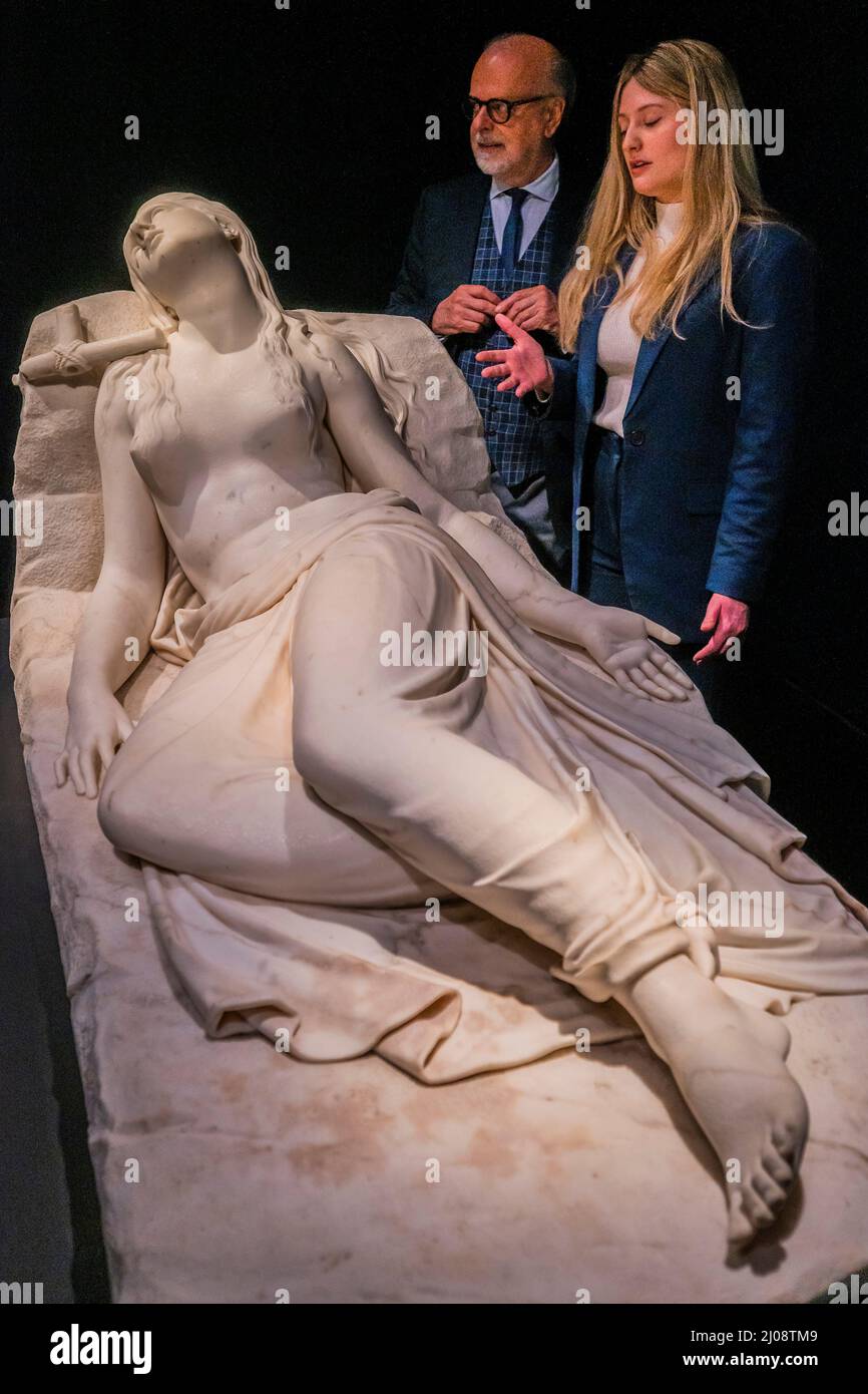 London, UK. 17 Mar 2022. Antonio Canova's (1757-1822) Maddalena Giacente (Recumbent Magdalene) 1819-1822, is the Italian titan's lost masterpiece, which he completed shortly before his death (estimate: £5,000,000-8,000,000). With Dr. Mario Guderzo, leading Canova scholar, former Director of the Museo Gypsotheca Antonio Canova and Museo Biblioteca Archivio di Bassano del Grappa and Scarlett Walsh, Christie's Junior Specialist, Sculpture. The sculpture of Mary Magdalene in a state of ecstasy was commissioned by the Prime Minister of the day, Lord Liverpool (1812-1827). It will be a star lot duri Stock Photo