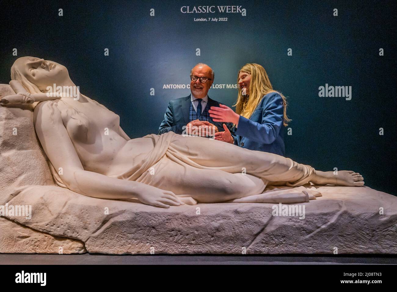 London, UK. 17 Mar 2022. Antonio Canova's (1757-1822) Maddalena Giacente (Recumbent Magdalene) 1819-1822, is the Italian titan's lost masterpiece, which he completed shortly before his death (estimate: £5,000,000-8,000,000). With Dr. Mario Guderzo, leading Canova scholar, former Director of the Museo Gypsotheca Antonio Canova and Museo Biblioteca Archivio di Bassano del Grappa and Scarlett Walsh, Christie's Junior Specialist, Sculpture. The sculpture of Mary Magdalene in a state of ecstasy was commissioned by the Prime Minister of the day, Lord Liverpool (1812-1827). It will be a star lot duri Stock Photo