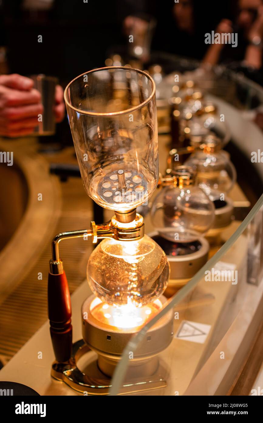 Milan, Italy. 03rd Oct, 2019. A speciality coffee is prepared at the Starbucks Reserve Roastery in Milan, Italy on October 3, 2018. Starbucks opened their very first Italian location in the form of the grand Starbucks Reserve Roastery, one of six in the world, in September 2018. It is located at Piazza Cordusio in Milan, Italy. (Photo by Alexander Pohl/Sipa USA) Credit: Sipa USA/Alamy Live News Stock Photo