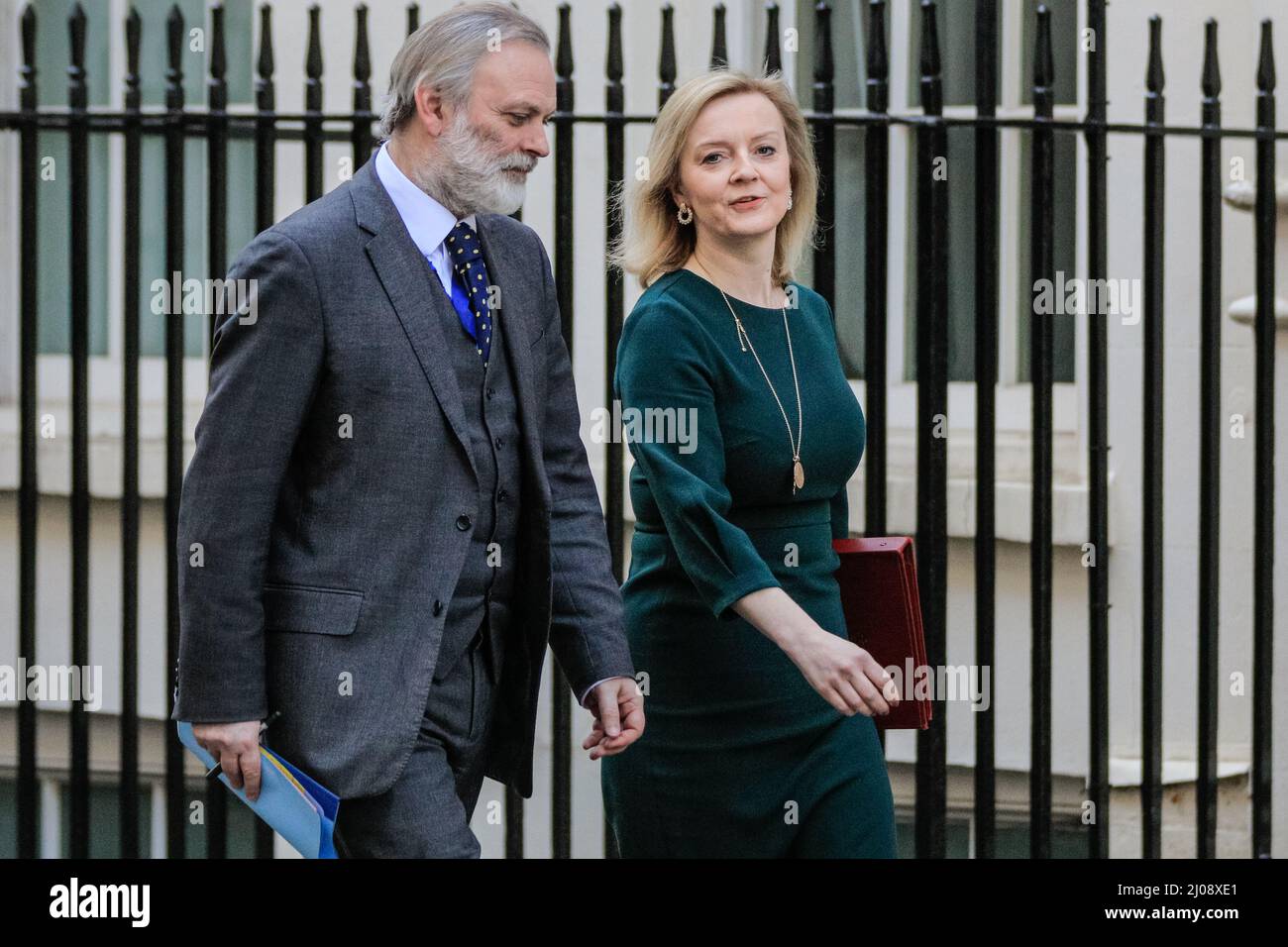 London, UK. 17th Mar, 2022. Liz Truss MP (Elizabeth Truss), Secretary of State for Foreign, Commonwealth and Development Affairs; Minister for Women and Equalities, is seen in Downing Street with Sir Tim Barrow, Political Director at the Foreign Office. Credit: Imageplotter/Alamy Live News Stock Photo