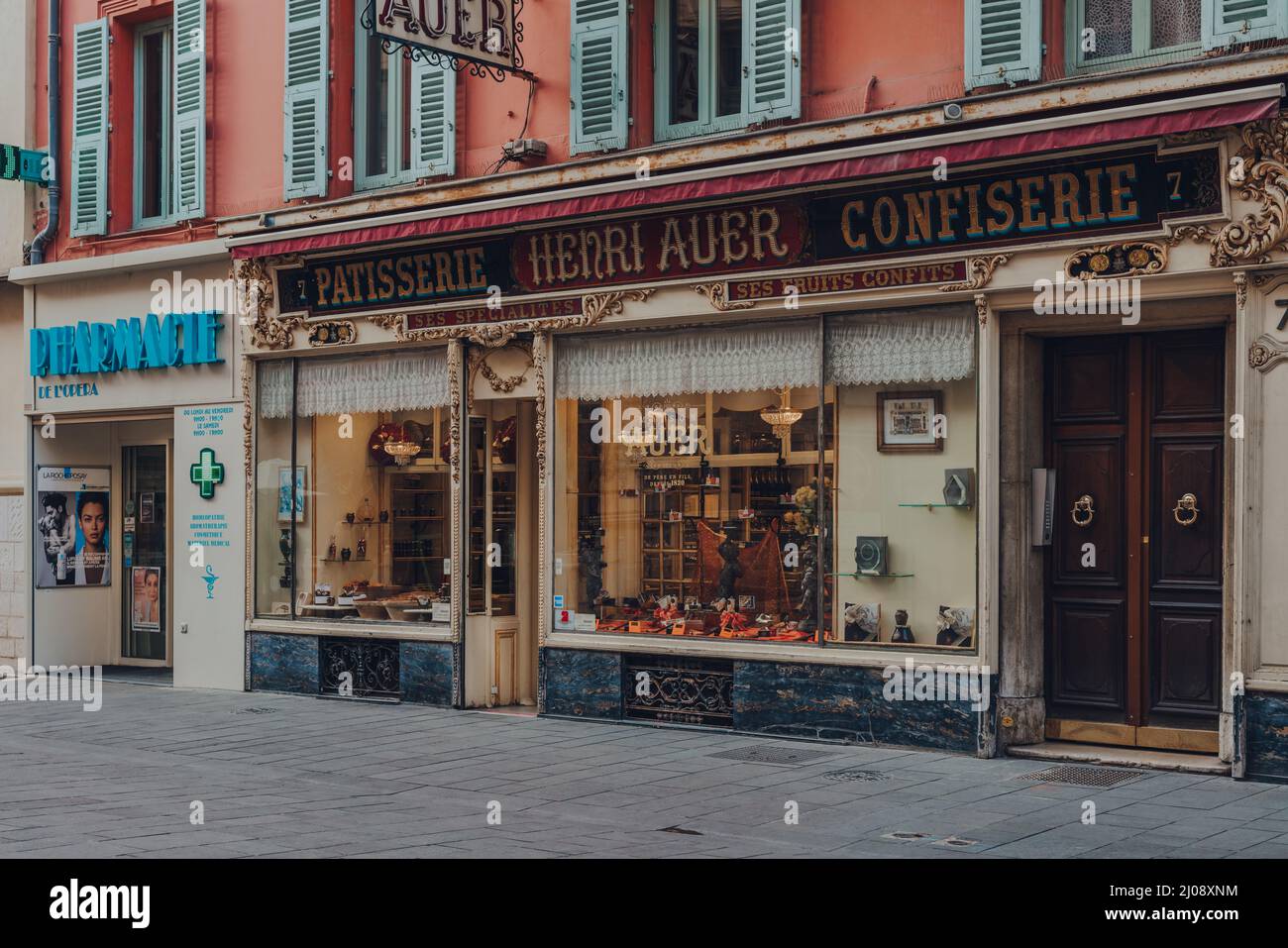Nice, France - March 10, 2022: Exterior of La Maison Auer, a family owned Chocolaterie and Confiserie in Nice dating back to 1820. Stock Photo