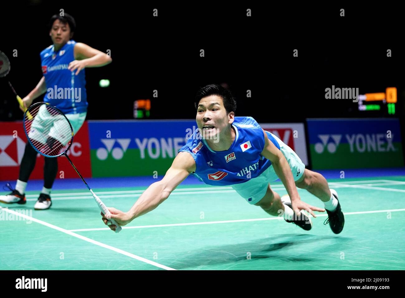 Japan's Akira Koga (left) and Taichi Saito in action against Indonesia's Marcus Fernaldi Gideon and Kevin Saniava Sukamuljo during day two of the YONEX All England Open Badminton Championships at the Utilita Arena Birmingham. Picture date: Thursday March 17, 2022. Stock Photo